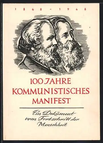 Künstler-AK 100 Jahre Kommunistisches Manifest 1948, Ein Dokument vom Fortschritt der Menschheit