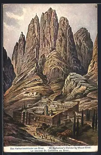 Künstler-AK Friedrich Perlberg: Sinai, Blick auf das Katharinenkloster unter den Bergen