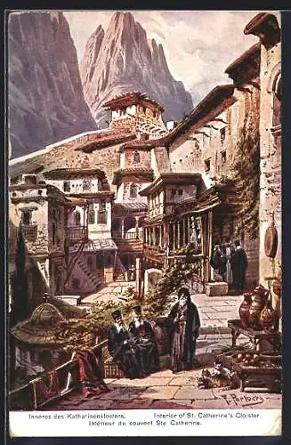 Künstler-AK F.Perlberg: Inneres des Katharinenklosters, Mönche auf der Bank