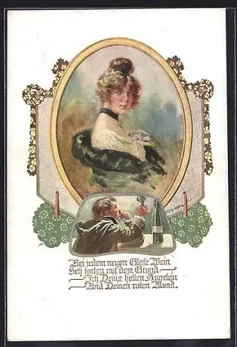 Künstler-AK W. Braun: Deutscher Schulverein Nr. 1197: Frauenportrait, Herr mit Weinglas in der Hand