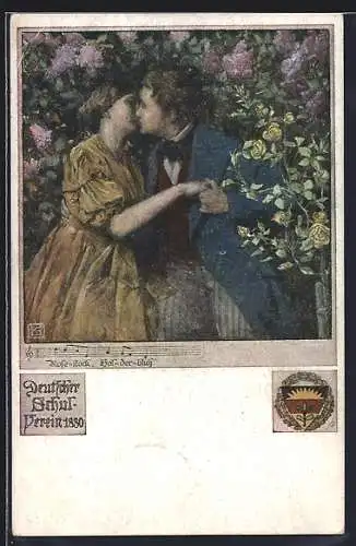 Künstler-AK Karl Friedrich Gsur, Deutscher Schulverein NR 460: Paar küsst sich im Rosenstrauch