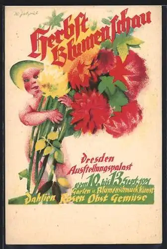Künstler-AK Dresden, Herbst-Blumenschau 1921, Kind mit Dahlien-Strauss