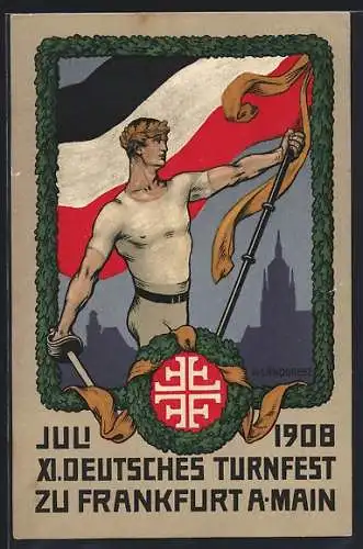 Künstler-AK Frankfurt a. Main, XI. Deutsches Turnfest 1908, Sportler mit Fahne & Schwert