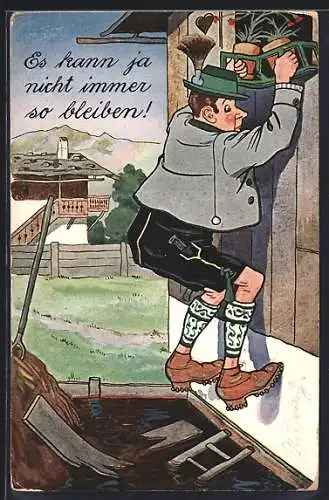 AK Bayer in Tracht beim Fensterln, Scherz