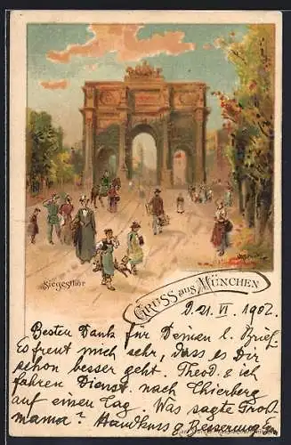 Lithographie München, Treiben am Siegesthor