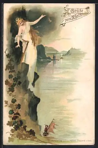 AK Grüsse vom Rhein, Loreley mit Harfe