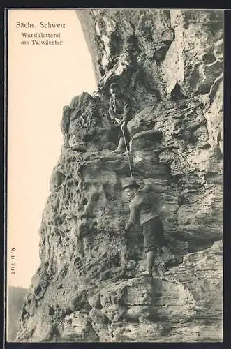 AK Zwei Bergsteiger klettern am Talwächter, Sächsische Schweiz