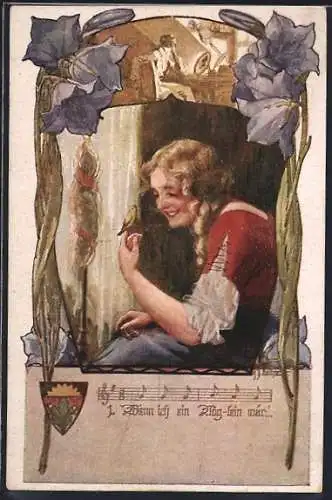 AK Deutscher Schulverein NR 1053: Lied wenn ich ein Vöglein wär, Junge Frau mit einem Vogel auf dem Finger