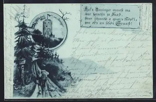 AK Anninger, Wilhelmswarte am Anninger, Tanne mit Wegweiser