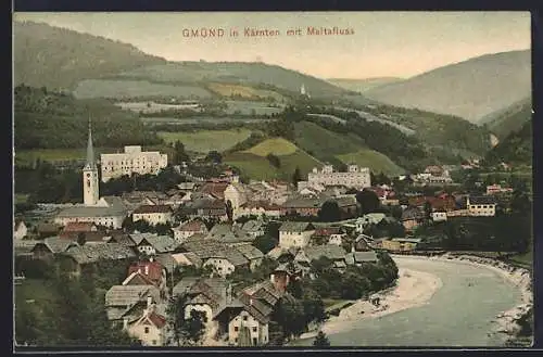 AK Gmünd in Kärnten, Ortsansicht mit Kirche am Maltafluss