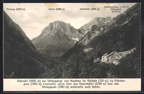 AK Mauthen im Gailtal, Ederwirt am Uebergange von Mauthen im Gailtale, mit Pollinigg, Zellon und Mauthner-Alpe