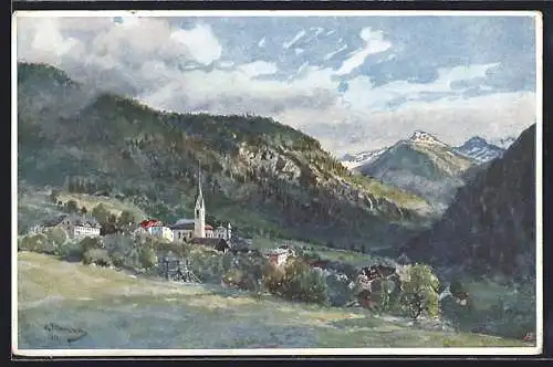 Künstler-AK Winklern im Mölltal, Ortsansicht mit Kirche