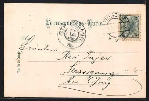 AK Villach, Ortsansicht mit Bergpanorama, Kinder in Tracht