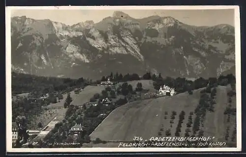 AK Feldkirch, Ortspartie mit Ardetzenbergerhof und Hochkasten-Gipfel aus der Vogelschau