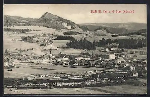 AK St. Veit a. d. Glan, Ortsansicht aus der Vogelschau, Bahnhof