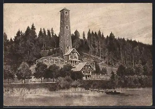 AK Klagenfurt /Wörthersee, Terrassen-Café-Restauration Schrottenburg mit Turm
