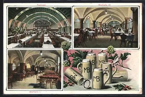 AK München, Mathäserbräu, Bayerstrasse, Festsaal, Bierhalle I. und Bierhalle III.