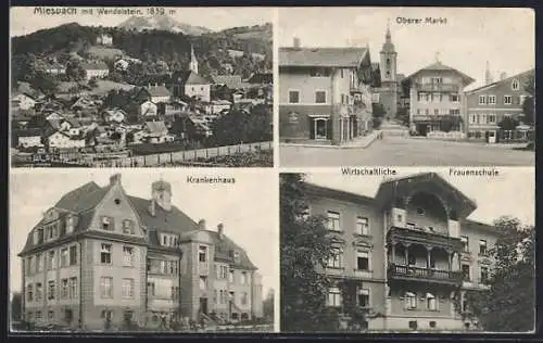 AK Miesbach, Totale mit Wendelstein, Oberer Markt, Krankenhaus, Wirtschaftliche Frauenschule