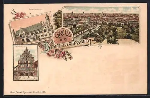 Lithographie Braunschweig, Gewandhaus, Dankwaterode, Gesamtansicht