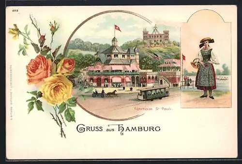 Künstler-AK Hamburg-St. Pauli, Strassenbahn am Fährhaus, Frau in Tracht
