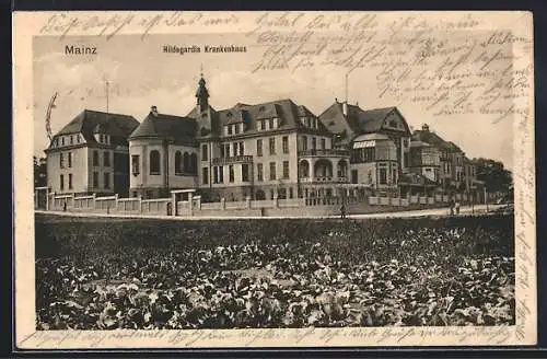 AK Mainz, Hildegardis Krankenhaus mit Strassenpartie