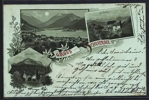Mondschein-Lithographie Schliersee, Teilansicht, Wendelstein, Birkenstein