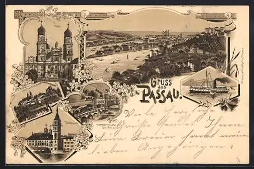 Lithographie Passau, Eisenbahnbrücke über den Inn, Rathaus, Dampfer, 6 gerahmte Ansichten, Blumenverzierung