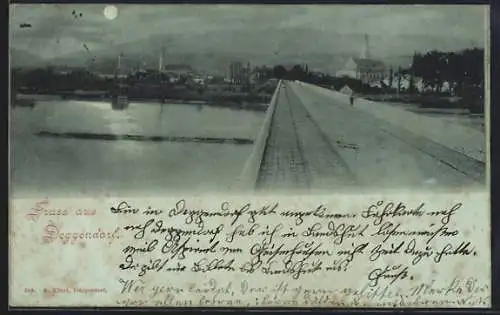 Mondschein-AK Deggendorf, Uferpartie mit Brücke