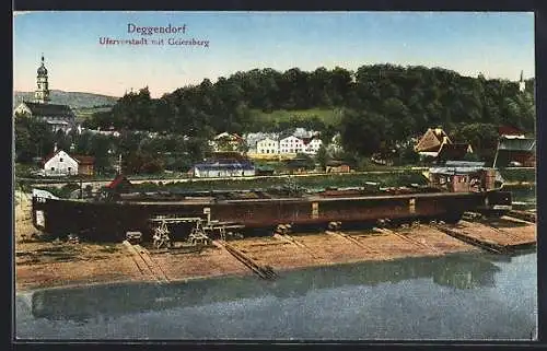 AK Deggendorf, Ufervorstadt mit Geiersberg, Schiff im Trockendock
