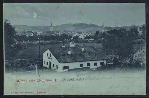 Mondschein-AK Deggendorf, Teilansicht mit Bäumen