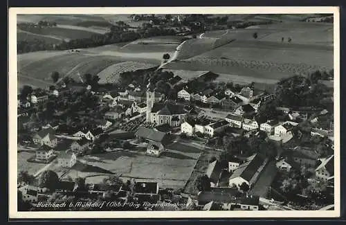 AK Buchbach b. Mühldorf, Strassenpartie mit Kirche, Fliegeraufnahme