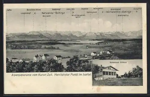 AK Zell /Isartal, Restaurant Dittmar, Ortspartie mit Karwendel-Gebirge: Glaswand und Wetterstein-Gebirge: Dreitorspitze