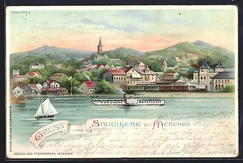 Lithographie Starnberg, Panorama vom Wasser aus, Mondschein
