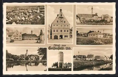 AK Geisenfeld /Obb., Rathaus, Turm, Denkmal