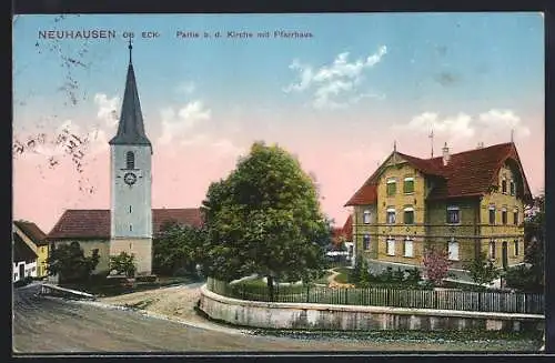 AK Neuhausen / Eck, Ortspartie an der Kirche mit Pfarrhaus