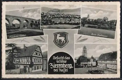 AK Zierenberg bei Kassel, Fachwerkhaus, Eisenbahn-Viadukt, Rathaus, Stadtmauer, Wappen