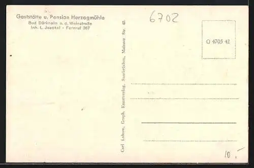 AK Bad Dürkheim a. d. Weinstrasse, Gaststätte Herzogmühle L. Jaeckel