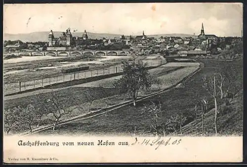 AK Aschaffenburg, Stadtansicht vom neuen Hafen aus