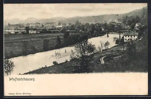 AK Wolfratshausen, Uferpartie mit Brücke