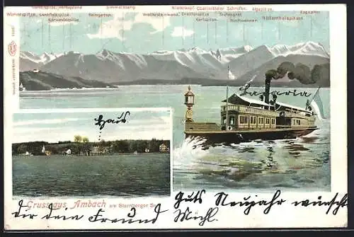AK Ambach am Starnberger See, Uferpartie, Panorama mit Dampfer, Wettersteinwand, Heimgarten und Alpspitze