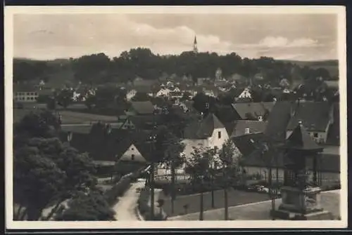 AK Mainburg, Teilansicht mit Denkmal und Strassenpartie
