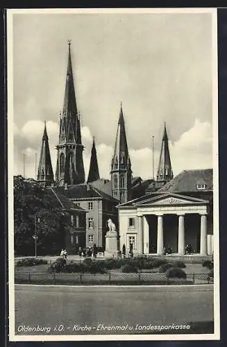 AK Oldenburg i. O., Kirche und Landessparkasse mit Ehrenmal