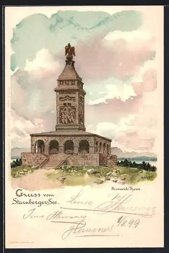 Lithographie Starnberg, Bismarck-Thur am Starnberger-See