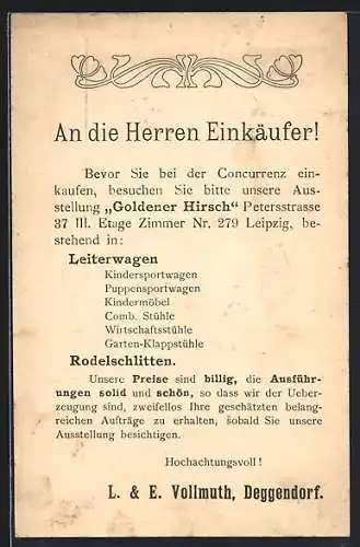 AK Deggendorf, L. & E. Vollmuth, Ausstellung Goldener Hirsch, Petersstrasse 37