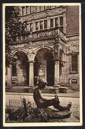 AK Oldenburg i. O., Postportal mit Jünglingsstatue