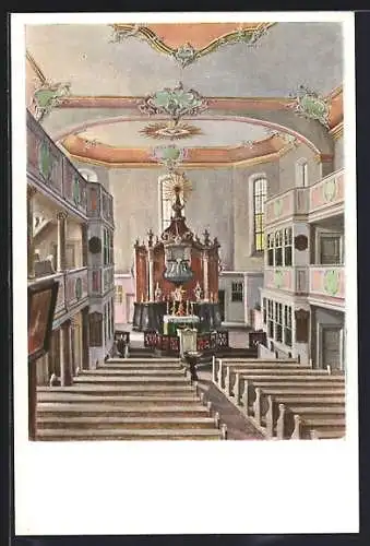 Künstler-AK Lauterbach / Hessen, Inneres der Ev. Kirche, nach einem Gemälde v. K. Lindegreen