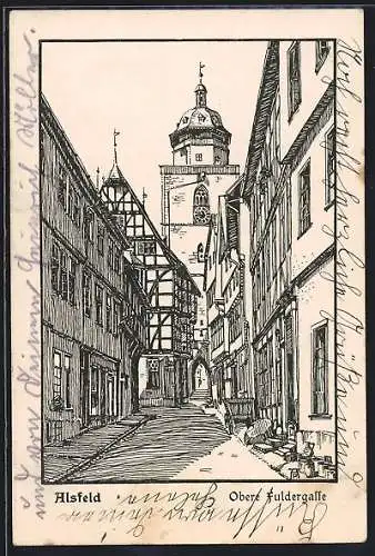 Künstler-AK Alsfeld, Blick in die Obere Fuldgasse