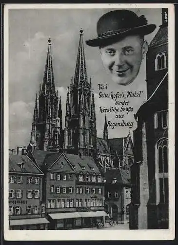 AK Regensburg, Restaurant Veri Geisenhofers Platzl, Strassenpartie mit Geschäft und Kirche, Portrait