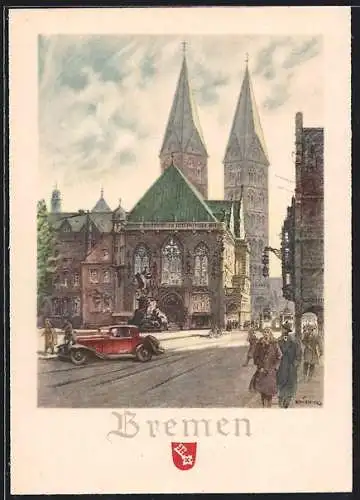 Künstler-AK Bremen, Strassenpartie in Marktplatznähe