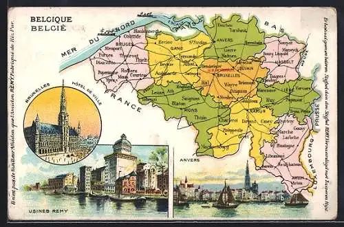 Lithographie Anvers, Usines Remy, Bruxelles Hôtel de Ville, Landkarte mit Thuin, Mons und Verviers